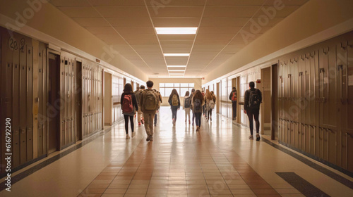 Billede på lærred Hallway of a highschool with male and female students walking