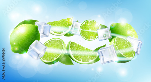 Fresh lime with ice cubes falling or flying. Composition of elements lime with leaves, half lime, sliced lime, 3D realistic vector illustration isolated on blue background