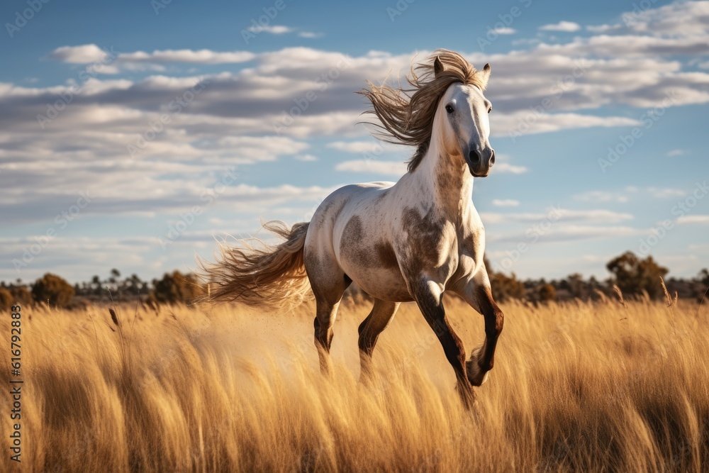 Majestic horse galloping through golden plains. , Generative AI
