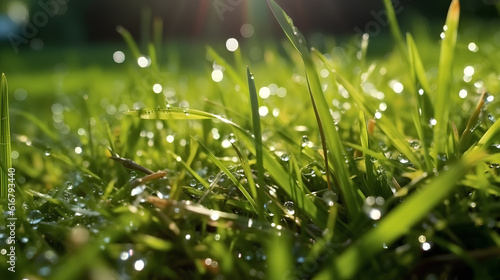 Illustration of juicy green grass with water drops. Macro, bokeh, sunlight.AI