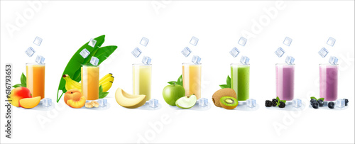 Glasses with juice isolated on white background. Set of different fruit and berry juices. Summer cool drinks. orange, peach, pear, lemon, raspberry, grapefruit, strawberry, watermelon