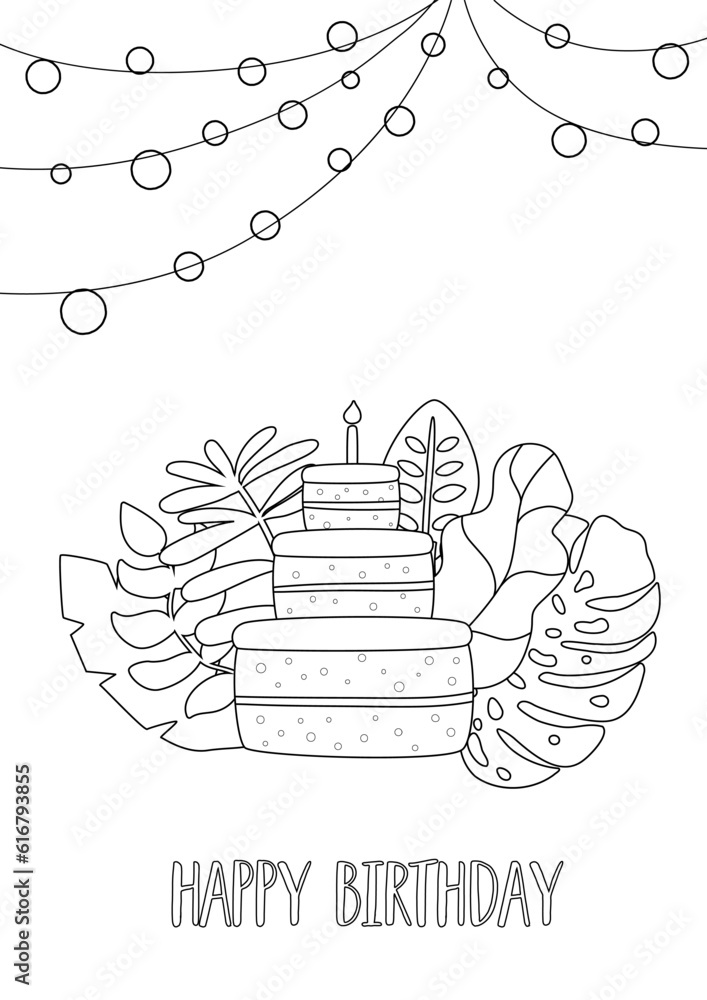 Easy coloring page of birthday cake and jungle leaves. Kids game, child activity coloring book, page be colored. Wild birthday party game for children. Vector illustration. Easy coloring page of birthday cake and jungle leaves. Kids game, child activity coloring book, page be colored. Wild birthday party game for children. Vector illustration.