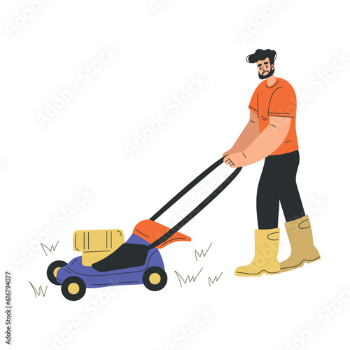 Man Gardener Character Mowing Grass with Electric Grass Mower Vector Illustration