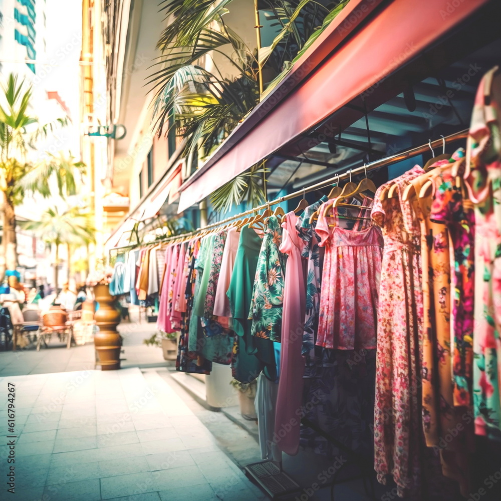 clothing for sale ,fashion women's summer , pink green tropical fabric beach casual dresses hanging in a row on a in shopping center,season moda clothing for sale ,fashion women's summer , pink green tropical fabric beach casual dresses hanging in a row on a in shopping center,season moda