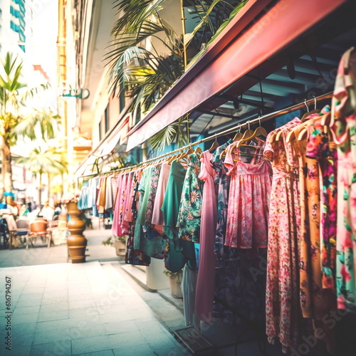 clothing for sale ,fashion women's summer , pink green tropical fabric beach casual dresses hanging in a row on a in shopping center,season moda © Aleksandr
