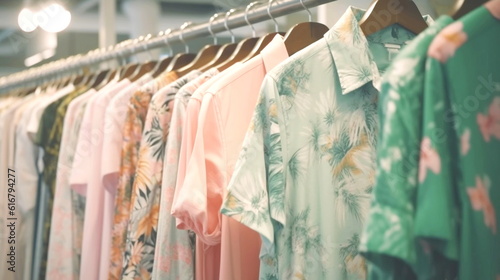 fashion women's summer clothing , pink green tropical fabric beach casual dresses hanging in a row on a in shopping center,season moda