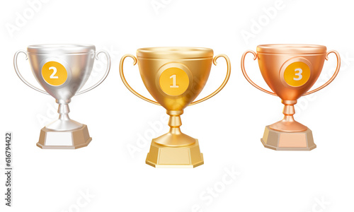 Cups for first second and third place win trophy 3d rendering illustration