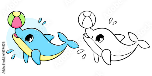 Dolphin with ball coloring book with coloring example for kids. Coloring page with dolphin. Monochrome and color version. Vector children's illustration.
