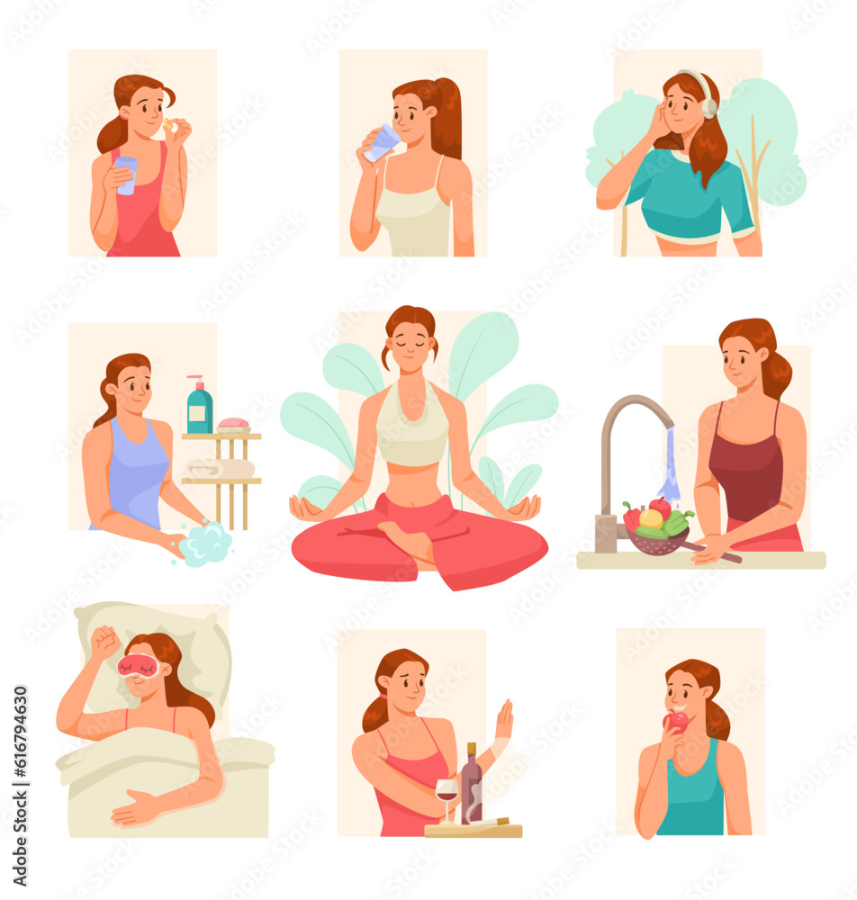 Girl Support Immunity Engaged in Daily Healthy Activity Vector Set Girl Support Immunity Engaged in Daily Healthy Activity Vector Set