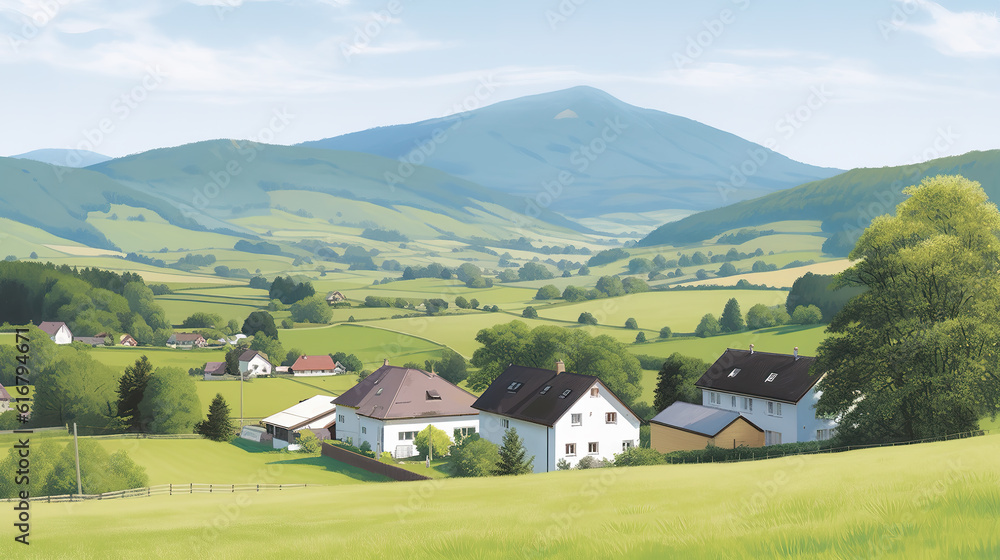 a modern anime looking mountain town illustration, ai generated image