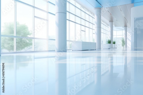 Serene panoramic setting  A light blurred background featuring the hall of an office or medical institution. Panoramic windows and a perspective view add depth  Generative AI