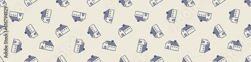 Masculine block print house vector ribbon. Seamless sketchy city street organic style for rustic washi tape.