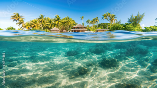 half under water view illustration with a beautiful paradise inspired touch, ai generated image