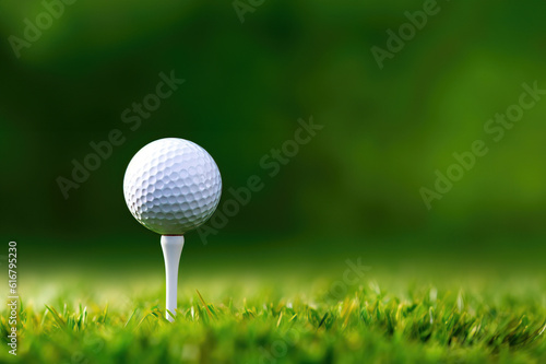 Macro shot of a Golf ball on tee ready to play, Close up in grass field