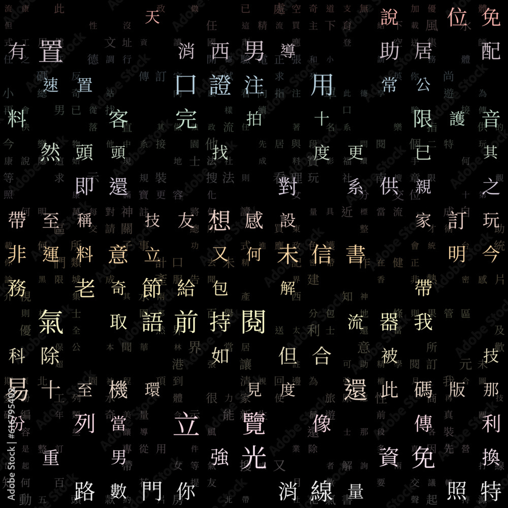 Abstract Background. Random Characters of Chinese Traditional Alphabet. Gradiented matrix pattern. Pastel color theme backgrounds. Tileable horizontally. Astonishing vector illustration.