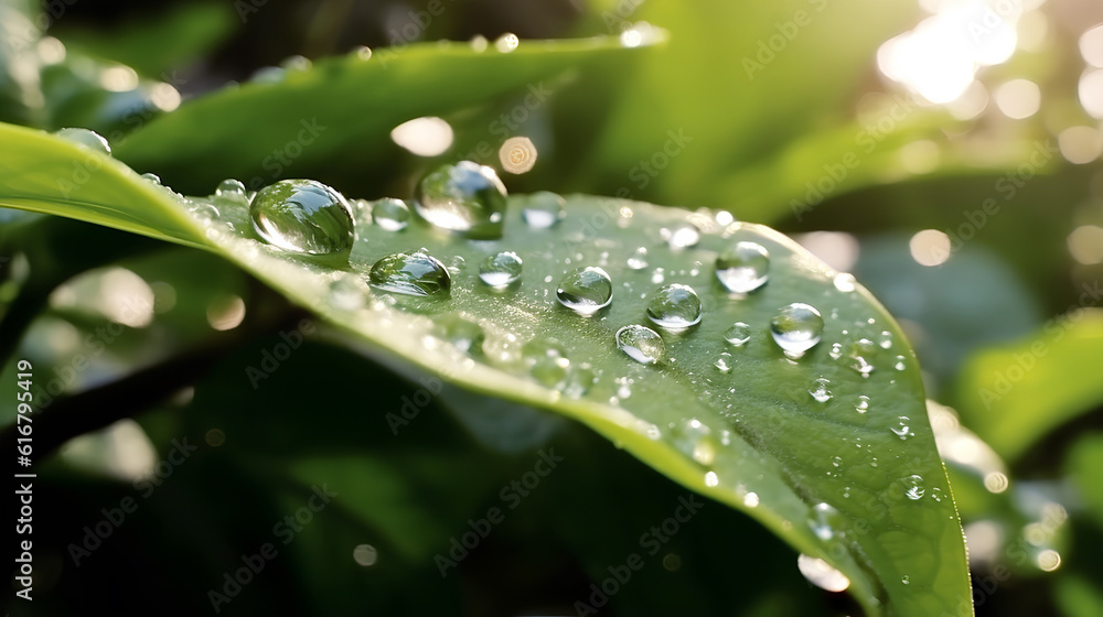 Illustration of a young juicy green leaf with water drops. Macro, bokeh, sunlight.AI Illustration of a young juicy green leaf with water drops. Macro, bokeh, sunlight.AI