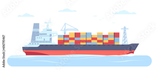 Cargo ship in ocean with shipping containers on board. Freight delivery. Goods export. Heavy boxes transportation. Sea boat. Marine transport. International logistics. Vector concept