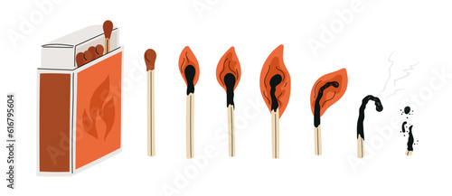 Cartoon burning match animation. Gradual combustion and extinction sequence process. Open pull out box. Straw with brown sulphur heads. Charred sticks. Isolated matchbox. Garish vector set