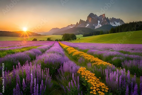 lavender field at sunset flowers garden with beautiful nature generative in ai technology © Aistock