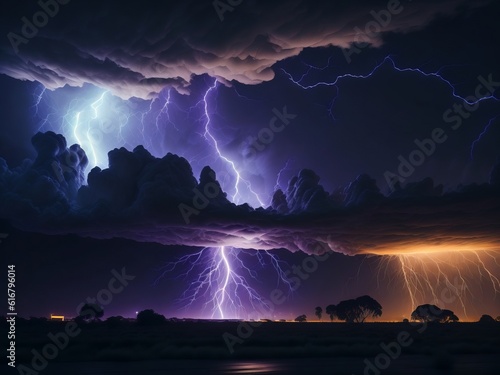 Lightning thunderstorm flash over the night sky. Generative AI 