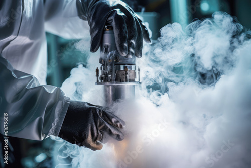 Biobanking technician, wearing heavy-duty cold protection gloves, placing a valuable biological sample in a tank with liquid nitrogen, ensuring its long-term storage and usability.