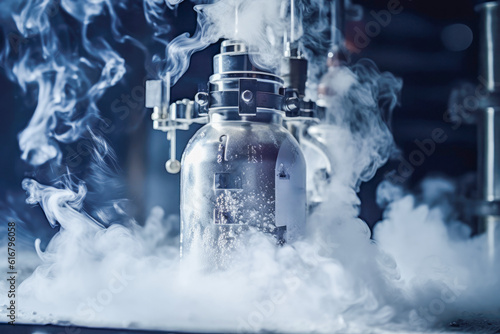 Liquid nitrogen, due to its extremely cold temperature, used for long-term storing of biological samples in biobanking facilities. photo