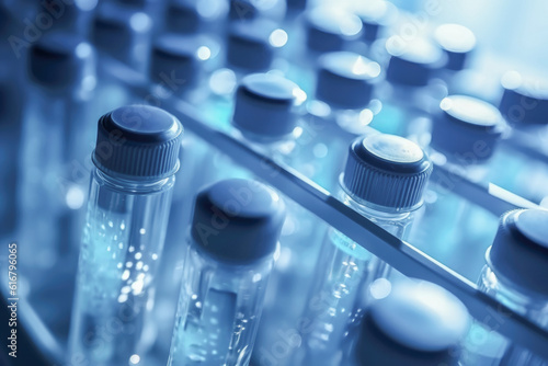 Rack with tubes containing biological samples stored in a biobanking facility, close-up.