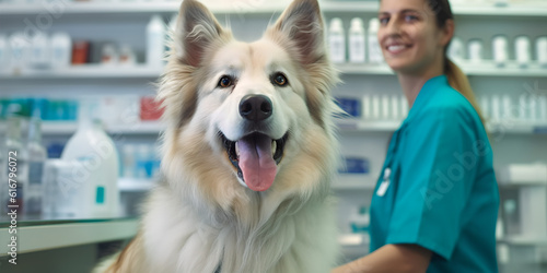 Fotografie, Obraz Portrait of a cute dog in a veterinary clinic with a veterinarian