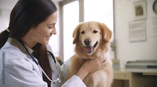 Smiling veterinarian examining golden retriever dog in clinic. Generative Ai. photo