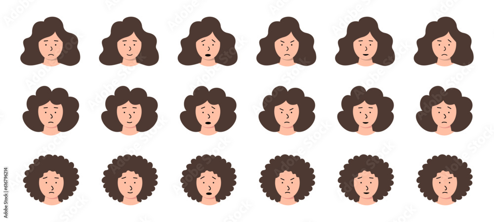 Obraz premium Set of faces of people with sad emotion. Different types of human heads