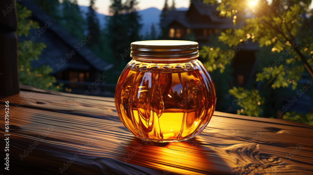 A jar of honey on a wooden table against the backdrop of the evening mountains. Generative AI. A jar of honey on a wooden table against the backdrop of the evening mountains. Generative AI.