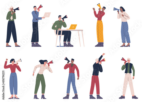 Cartoon persons speak into megaphones. People hold speakers. Public agitation. Agitators loudly call and make audio announcements. Men and women with loudspeakers. Vector activists set