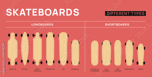 Cartoon skateboards types. Extreme sports. Equipment for skateboarding. Different shapes and sizes infographic. Skating boards. Longboard with wheels. Penny and cruiser. Garish vector set