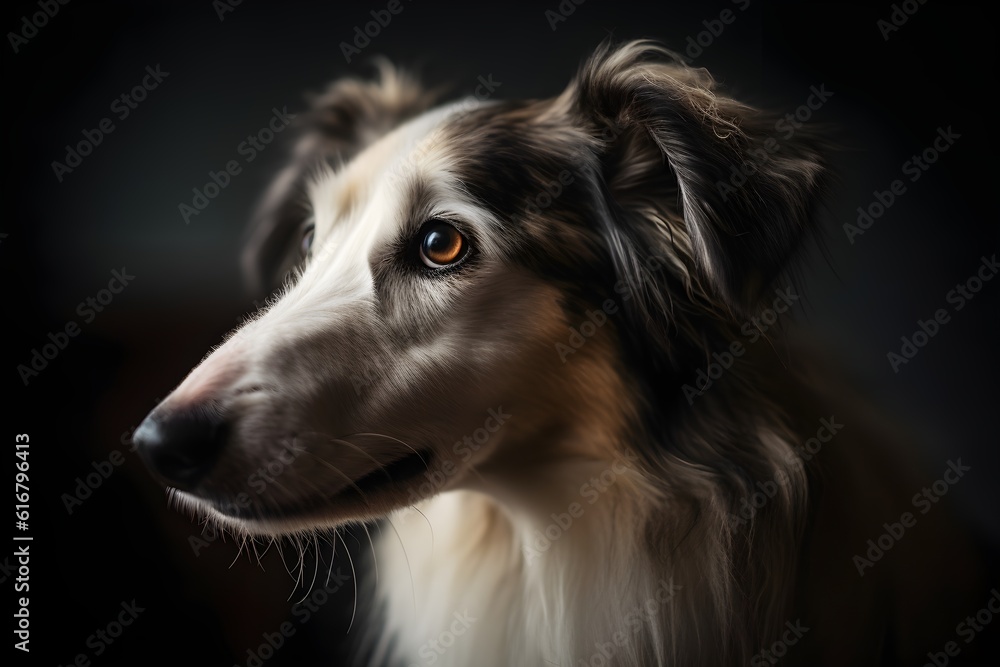 Professional studio shot portrait of a Borzoi dog on dark background, ai generated Professional studio shot portrait of a Borzoi dog on dark background, ai generated