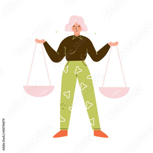 Woman Character Stand with Scales Make Choice Choosing Between Two Options Vector Illustration