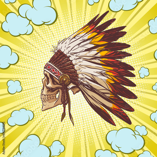 Concept with skull of Indian chiefs in pop art style for printing and design. Vector illustration.