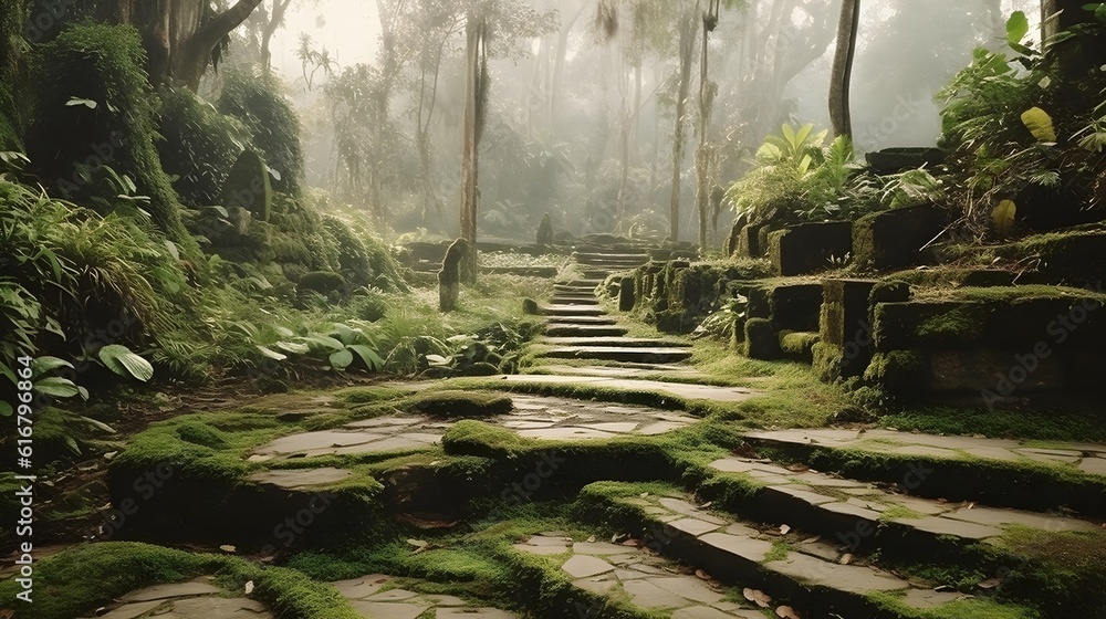 An ancient path into the deep jungle or ruin filled with green moss and plant. An ancient path into the deep jungle or ruin filled with green moss and plant.