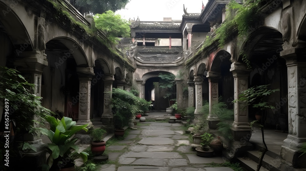 Old asian center open yard of oriental building architecture.