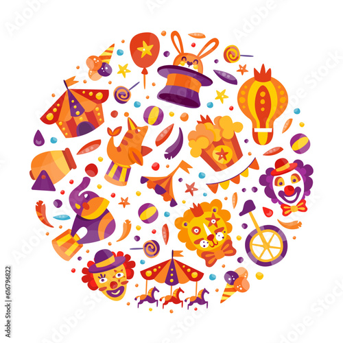 Circus Show Round Composition Design with Fairground Amusement Object Vector Template