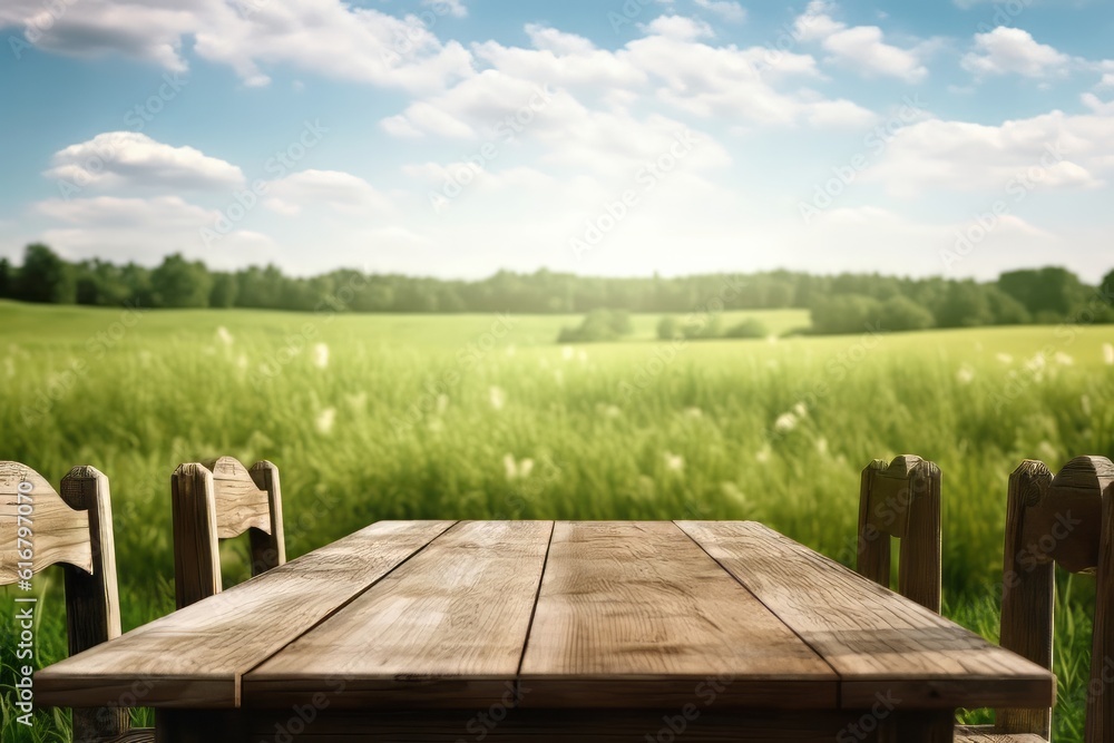 Empty old wooden table in beautiful meadow background Empty old wooden table in beautiful meadow background