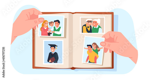 Family photo album. Hands holding memorable photographies. Students graduation snapshot. Couple and children portraits. Smiling grandparents picture. Scrapbook in arms. Vector concept