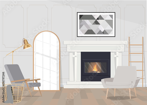 Illustration of a beautiful living room interior with a fireplace and armchairs.