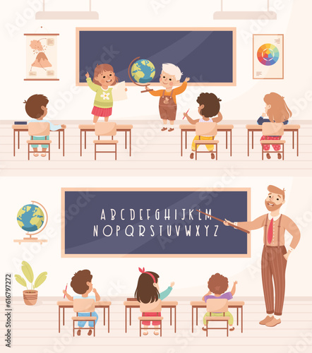 Classroom with Little Children Pupils Sitting at Desk Have Lesson Vector Set