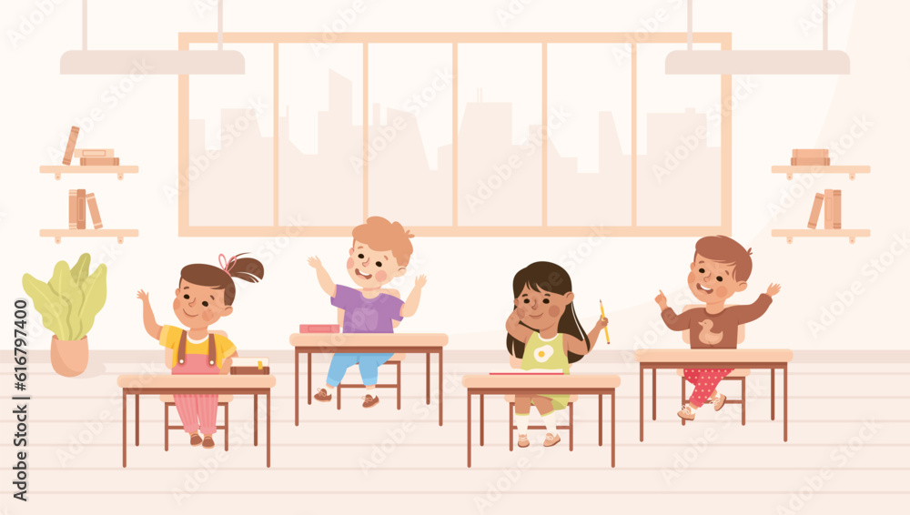 Classroom with Little Children Pupils Sitting at Desk Have Lesson Vector Illustration Classroom with Little Children Pupils Sitting at Desk Have Lesson Vector Illustration
