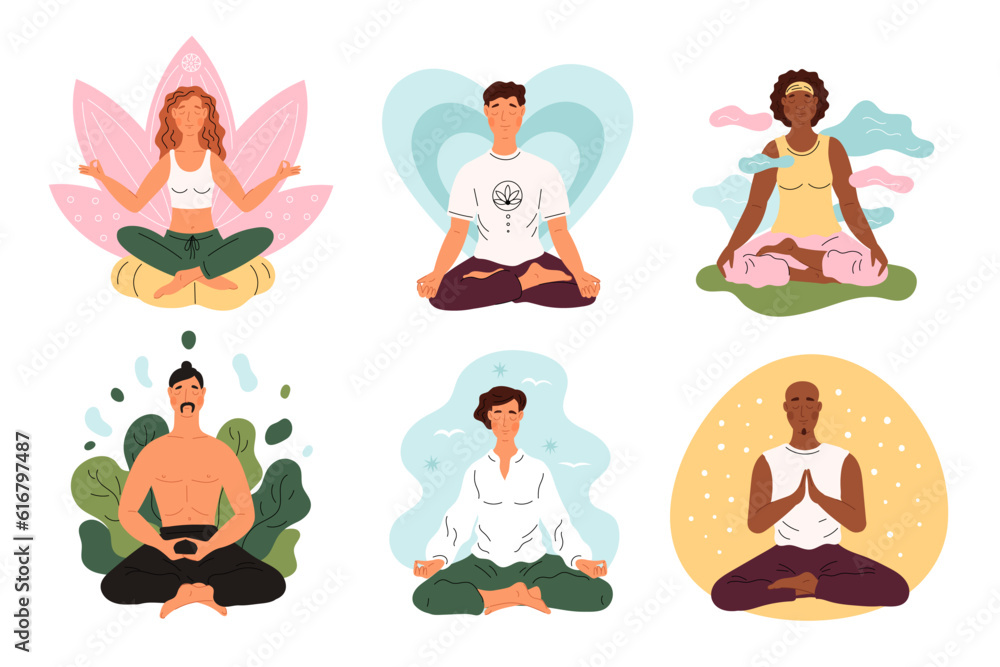 Happy people meditate. Lotus position. Men and women on yoga practice. Balance or calm relax. Enlightenment and nirvana state. Outdoor meditation. Yogi sitting in asana. Garish vector set Happy people meditate. Lotus position. Men and women on yoga practice. Balance or calm relax. Enlightenment and nirvana state. Outdoor meditation. Yogi sitting in asana. Garish vector set