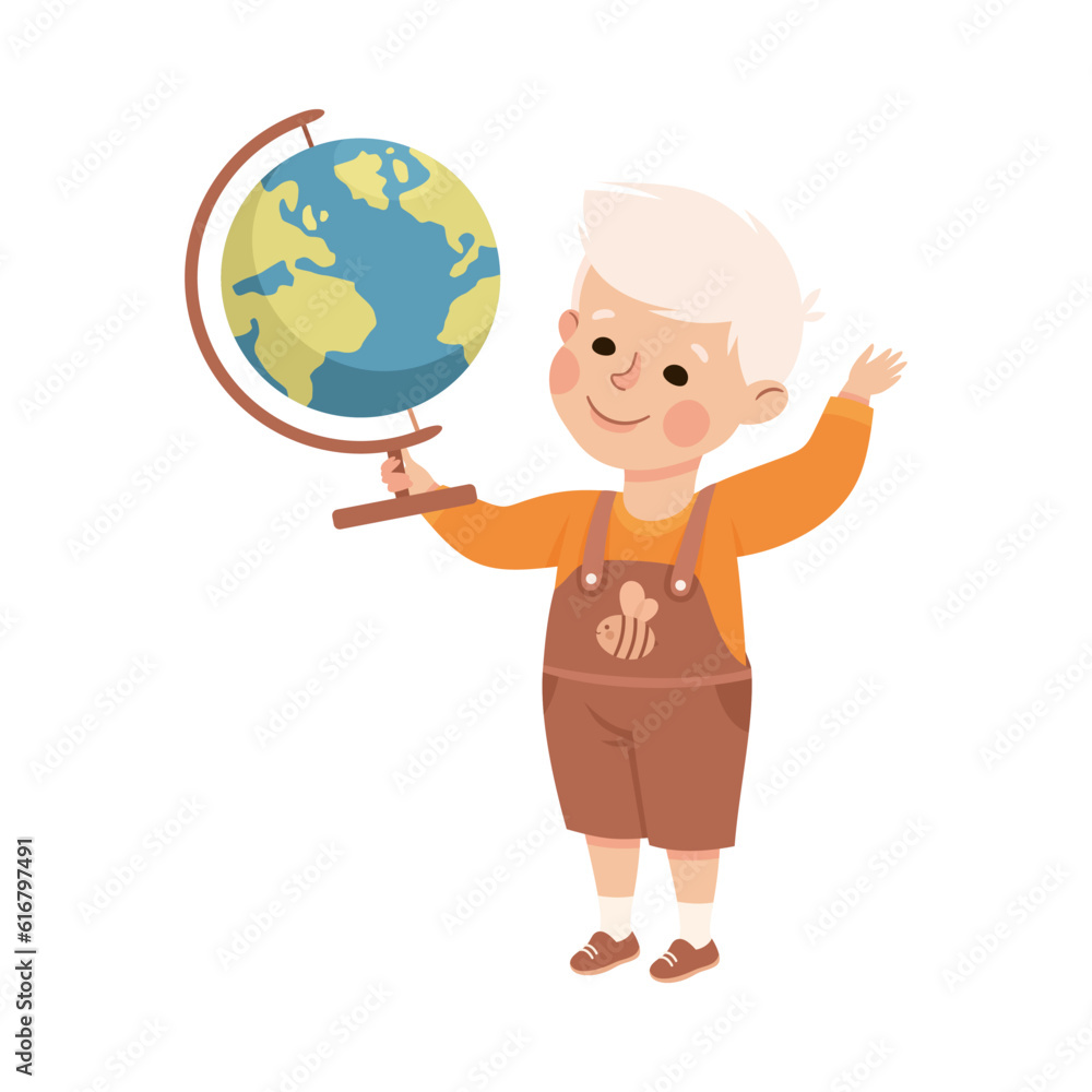 Cute Boy Pupil in Classroom Standing with Globe Have Lesson Vector Illustration Cute Boy Pupil in Classroom Standing with Globe Have Lesson Vector Illustration