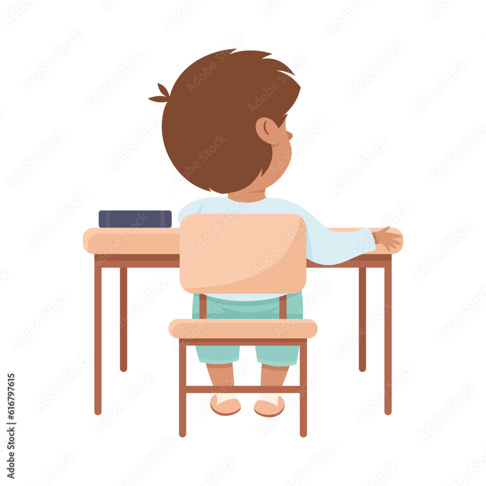 Fototapeta premium Cute Boy Pupil in Classroom Sitting at Desk Have Lesson Back View Vector Illustration
