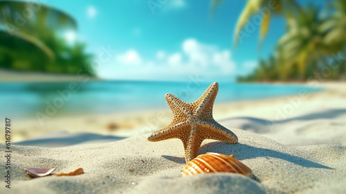 Starfish and seashells on sandy beach. Summer vacation concept.generative ai