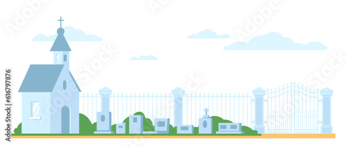 Landscape of cemetery with tombstones. Fence gates. Christian church building. Gravestone memorial monuments. Graveyard enclosure. churchyard scenery. Temple and tombs. Vector concept