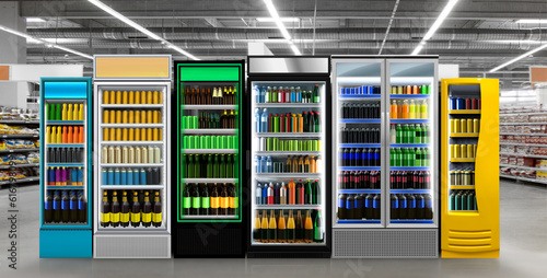 Six Vertical Glass door fridge photo mockup Soda pop cans and plastic bottles in vertical freezer at supermarket. Suitable for presenting new bottles and new brand label among many others.
